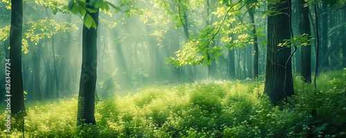 Beautiful view of the sunrise in spring green forest.