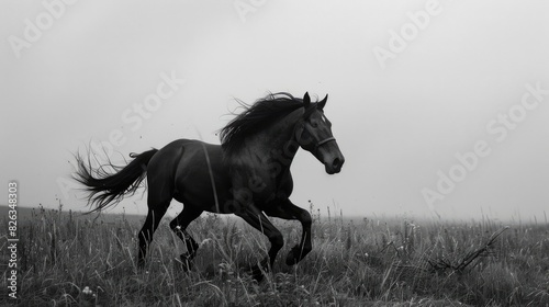 Friesian horse moving on grassland photo