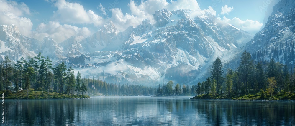 Naklejka premium Serene, mirror-like alpine lake set against a backdrop of jagged, snow-dusted peaks and evergreen forests