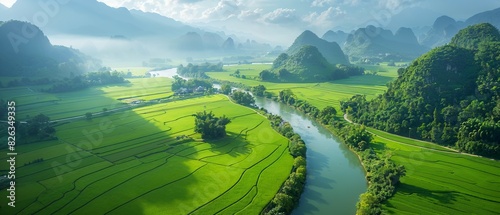 aerial landscape in phong nam valley an extreme scenery landscape at cao bang province vietnam with river nature green rice fields photo