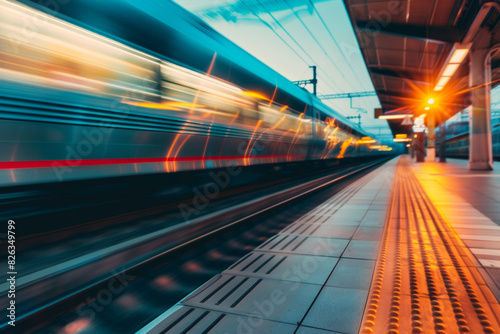 A train speeding past a platform, with the train itself slightly blurred and the platform details in sharp focus, giving a sense of the train's rapid motion. 