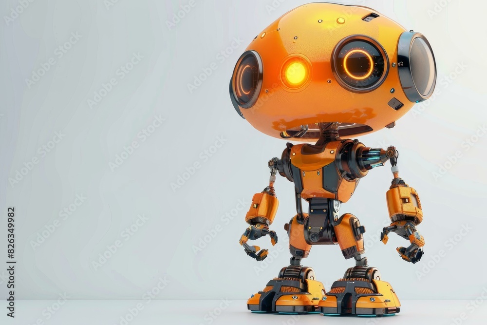 Modern orange robot with large eyes standing isolated on a clean white backdrop