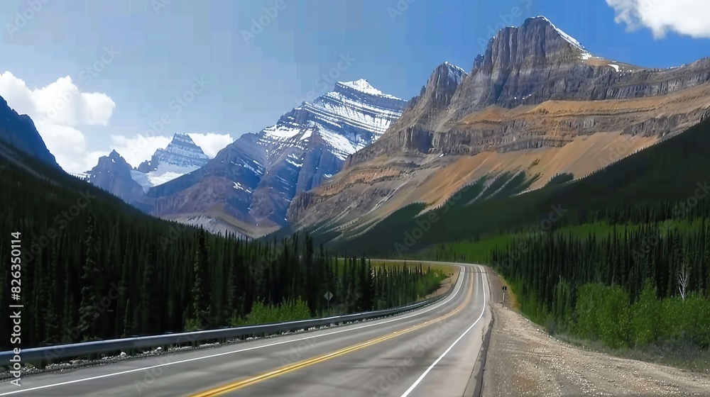  A car driving down a road in front of a snow-capped mountain range with trees lining the bottom