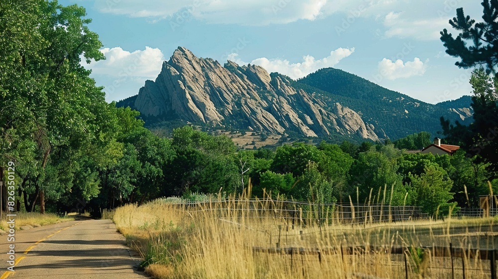 A picturesque scene of a mountain peak, framed by towering blades of grass in the foreground and lush trees in the background A picturesque scene of a mountain peak, framed by towering blades of grass in the foreground and lush trees in the background