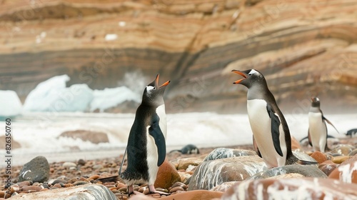   A group of penguins stands on a rocky beach beside a body of water with waves crashing in the background
