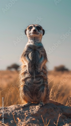 Vigilant Meerkat Sentinel on Desert Lookout Observing the Arid Landscape photo