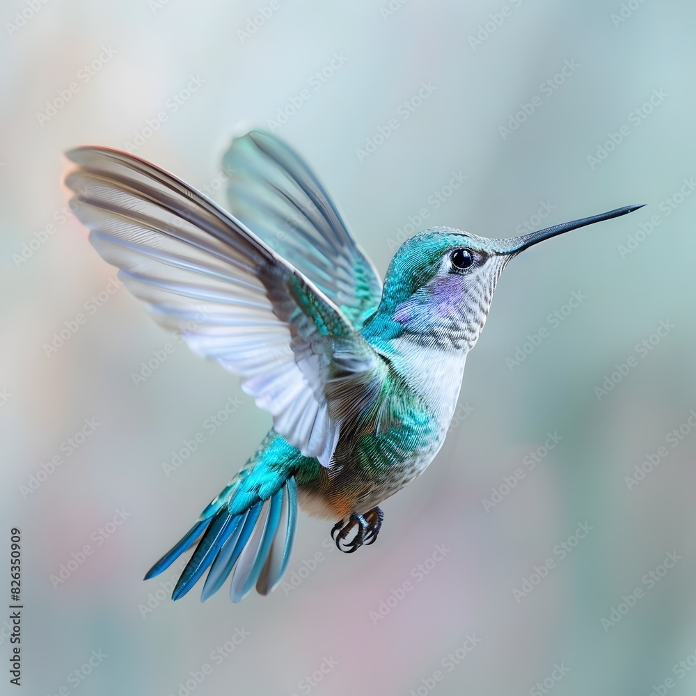 Obraz premium Iridescent Hummingbird in Graceful Flight with Blurred Fluttering Wings in Natural Environment