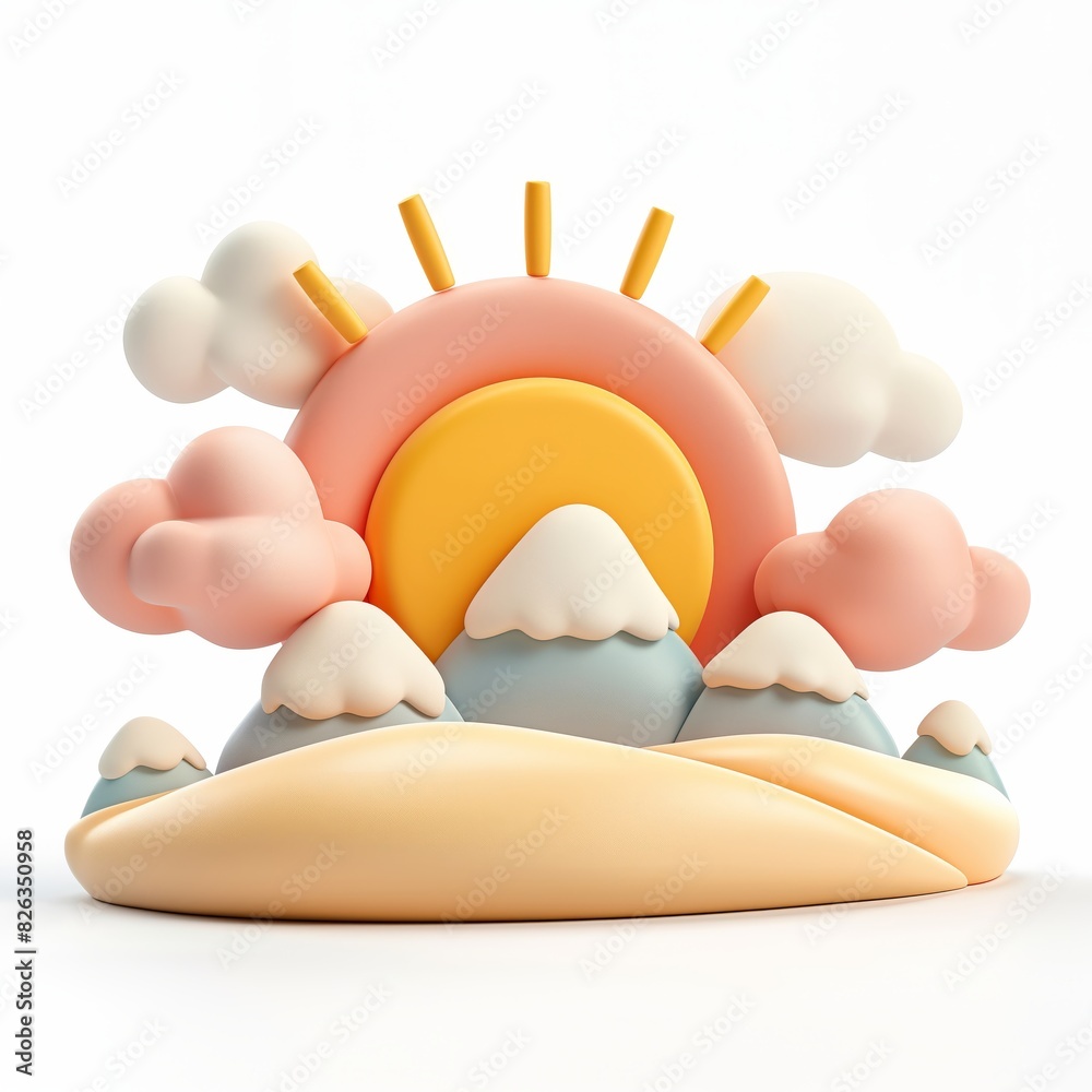 Cute Sunset Cartoon Clay Illustration, 3D Weather Icon, Isolated on white background Cute Sunset Cartoon Clay Illustration, 3D Weather Icon, Isolated on white background