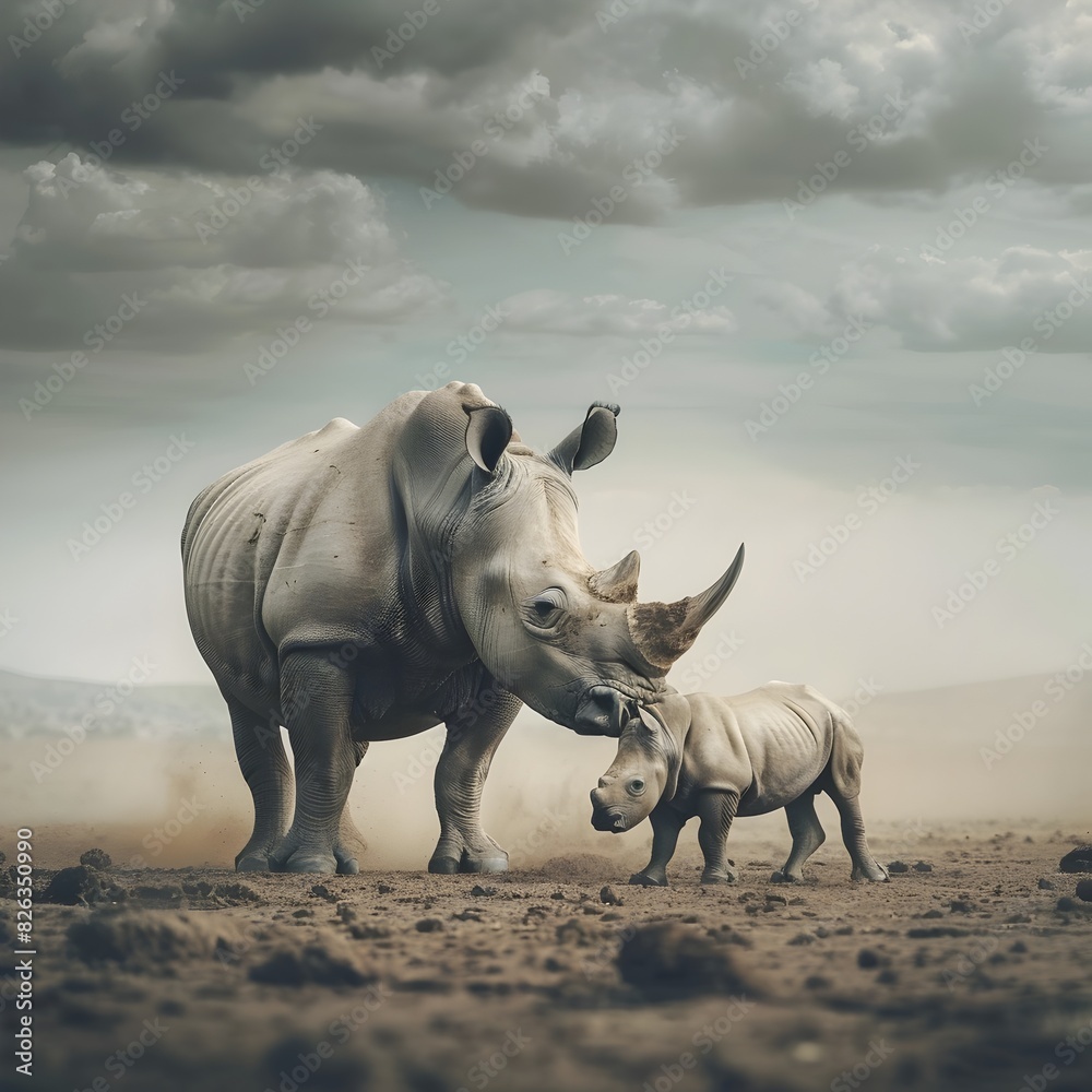 Fototapeta premium Sturdy Rhinoceros Mother Shielding Her Calf in Vast Dusty Safari Landscape