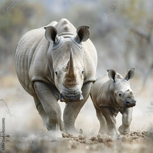 Sturdy Rhinoceros with Protective Calf in Dusty Terrain