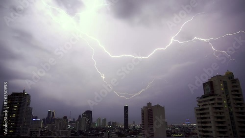 Lightning over the city. Real flashes of lightning over the city during a powerful thunderstorm. Lightning strikes on a dark night sky. 