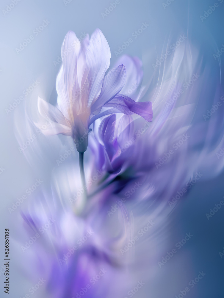 still life photography, a flower in movement with low shutter speed, blurred lines, grainy, pastel blue white and lavender colours, motion blur still life photography, a flower in movement with low shutter speed, blurred lines, grainy, pastel blue white and lavender colours, motion blur