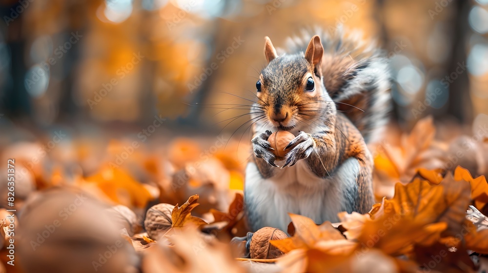Squirrel Nibbling on Nut Amidst Vibrant Autumn Foliage in Forest Squirrel Nibbling on Nut Amidst Vibrant Autumn Foliage in Forest