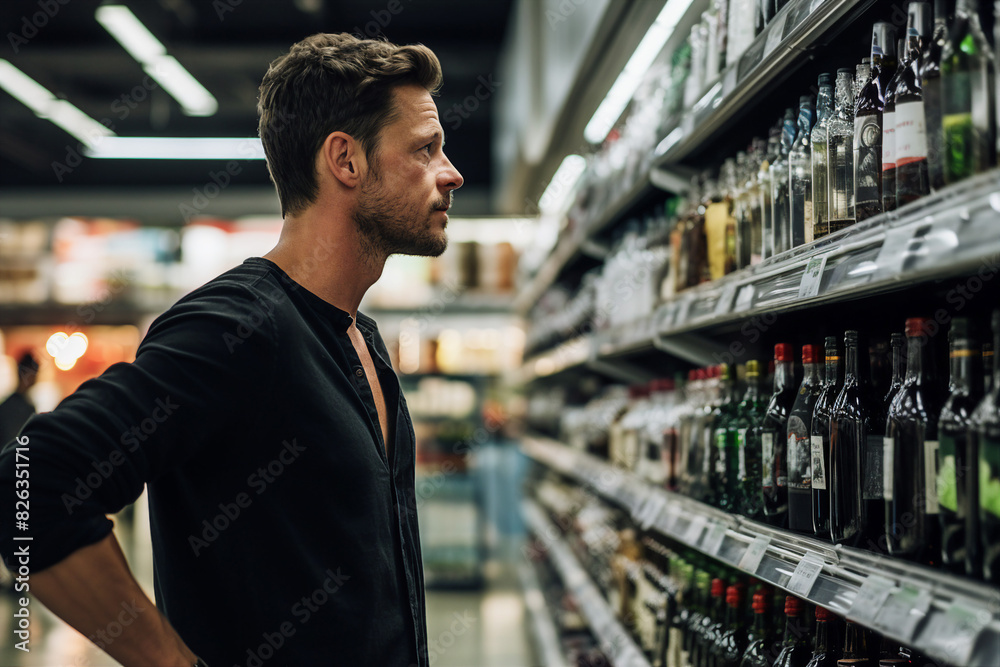 Generative AI image of young man explores a wine store rows Generative AI image of young man explores a wine store rows