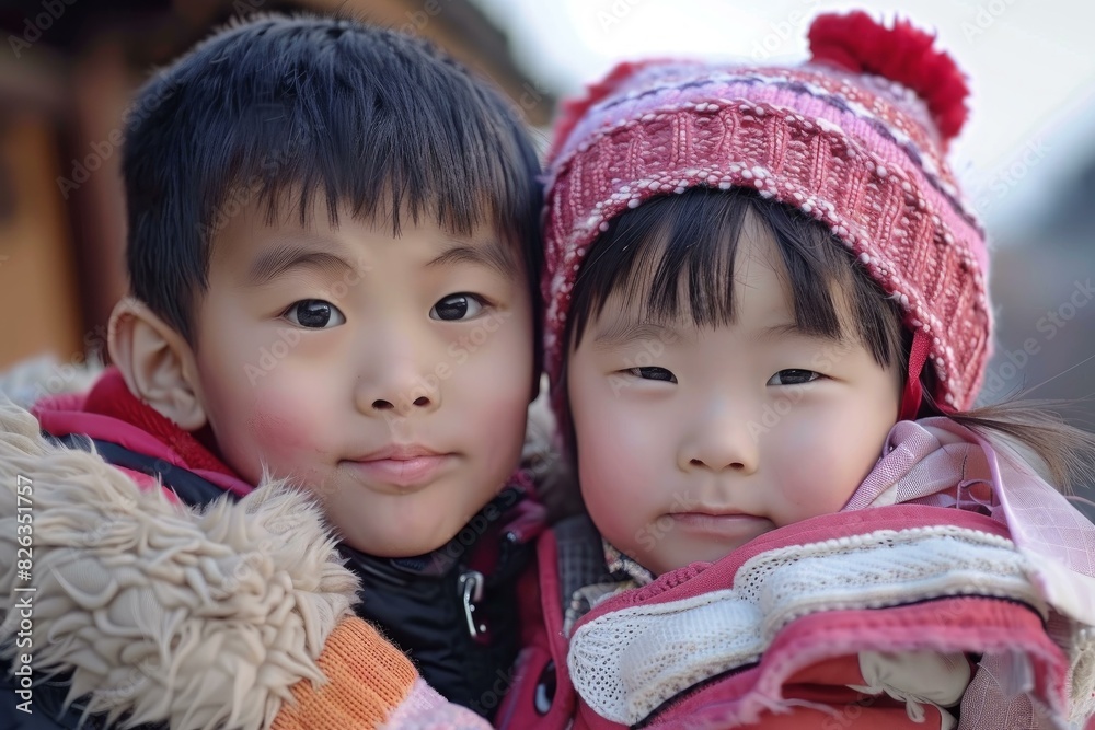 Closeup of a young boy and girl cuddling together, wearing winter clothes and hats Closeup of a young boy and girl cuddling together, wearing winter clothes and hats