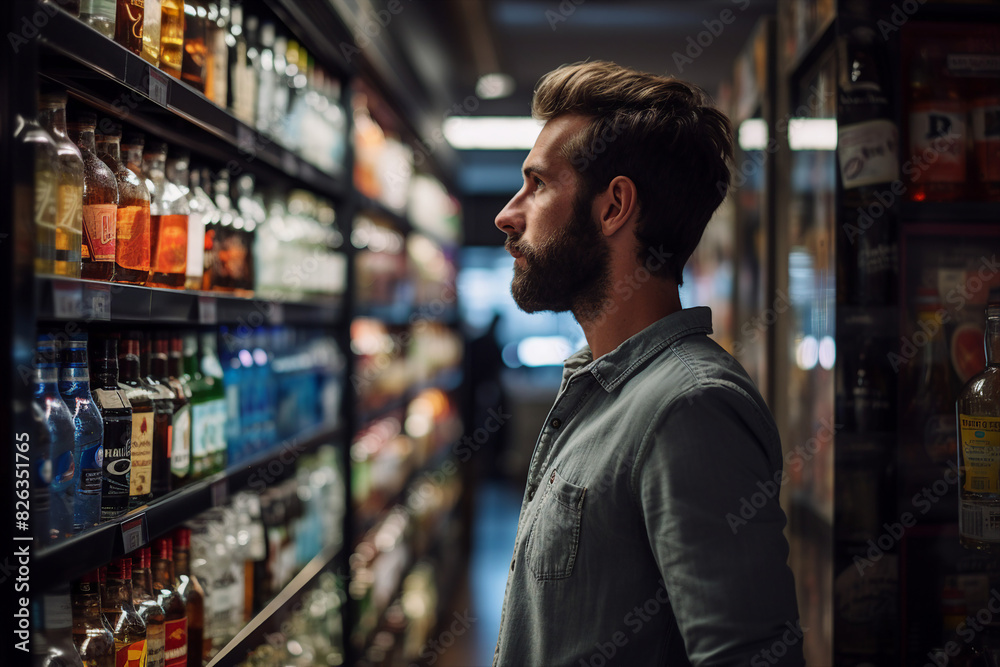 Fototapeta premium Generative AI image of young man explores a wine store rows