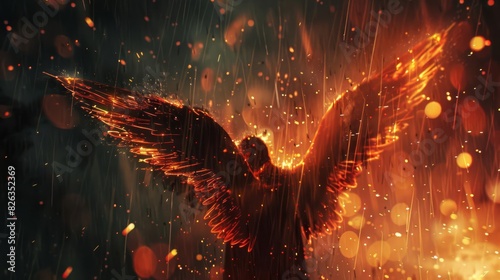 angelic wings amidst rainy firelight a somber portrayal concept illustration photo