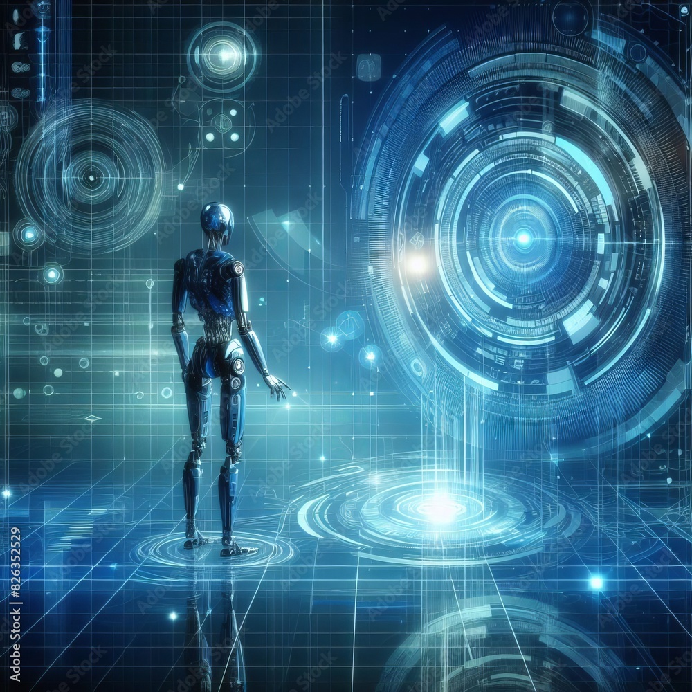 A humanoid robot stands in a digital environment with futuristic interfaces and blue circular patterns, emphasizing advanced AI technology.. AI Generation