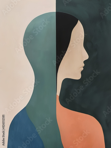 minimalist abstract painting with shapes in green, blue, salmon, beige, black and white geometric woman portrait