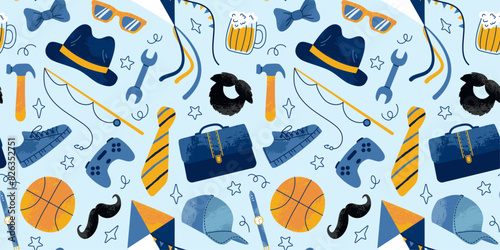 Seamless pattern for Happy Father's Day. Grunge textured hat, ball, mustache, bow tie, gamepad, kite, items, shoes, briefcase. For background, textile, wallpaper, wrapper.
