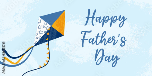 Festive horizontal banner with textured kite and text Happy Father's Day on blue grunge background. Modern design for wallpaper, background, cover