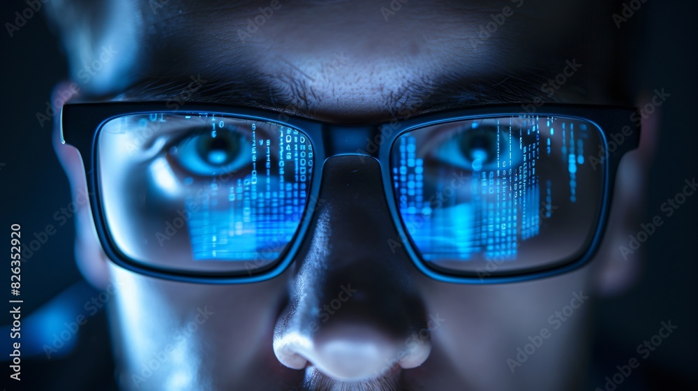 Closeup of a Male IT Professional's Face with Glasses Reflecting Computer Code in a Dark Room for a High-Tech and Intense Atmosphere Closeup of a Male IT Professional's Face with Glasses Reflecting Computer Code in a Dark Room for a High-Tech and Intense Atmosphere