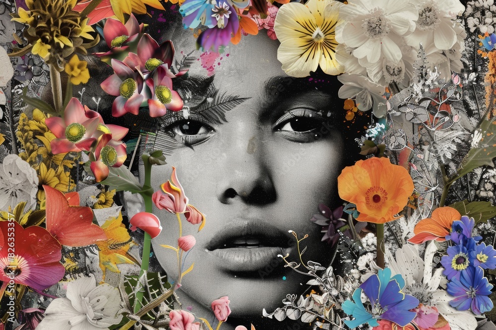 portrait of a woman with flowers, collage of black and white monochrome photo and vibrant blooms and makeup. Florist, beauty salon flyer, time to bloom.