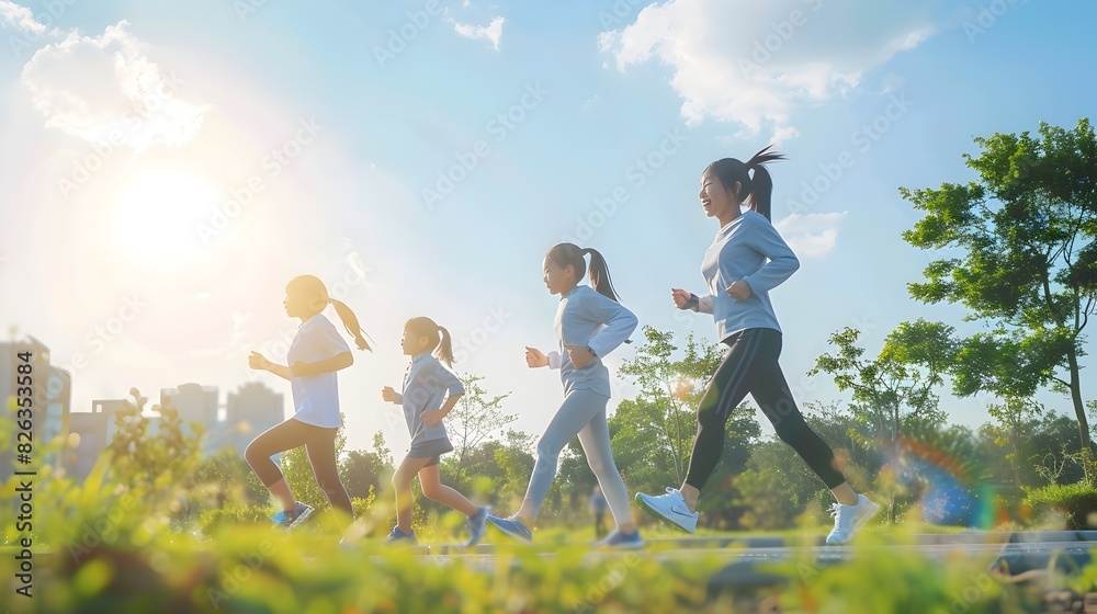 Family Participating in Charity Run Outdoors in Scenic Nature Setting Family Participating in Charity Run Outdoors in Scenic Nature Setting