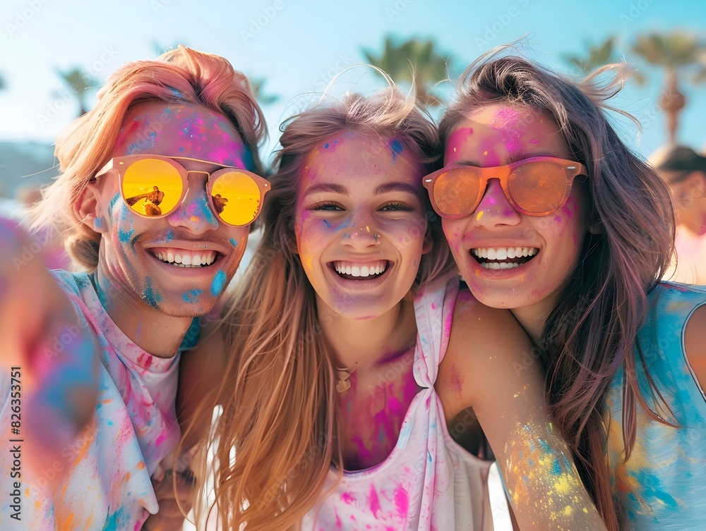Friends Celebrating Vibrant Holi Festival Outdoors Friends Celebrating Vibrant Holi Festival Outdoors
