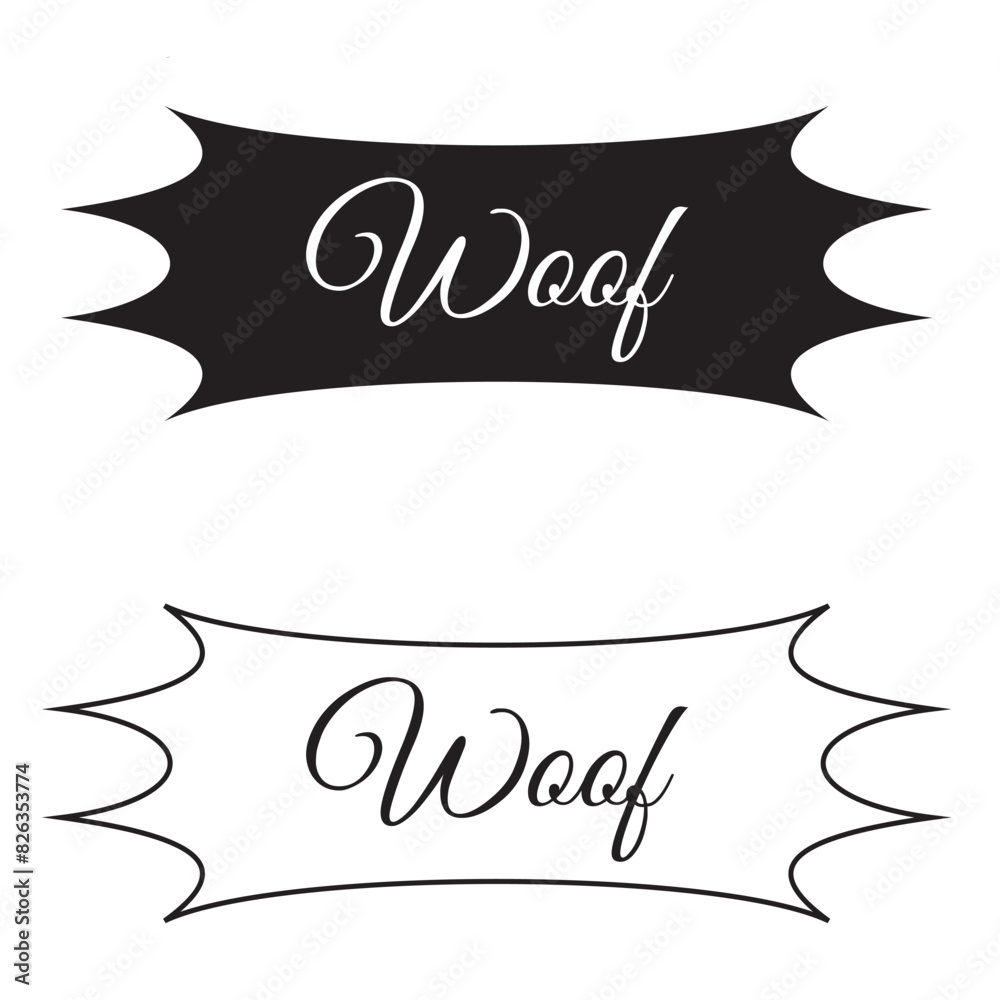 Woof text in a speech bubble balloon silhouette . Cute cartoon comics dog bark sound effect and lettering. isolated on white background. Vector illustration.  EPS 10/AI  