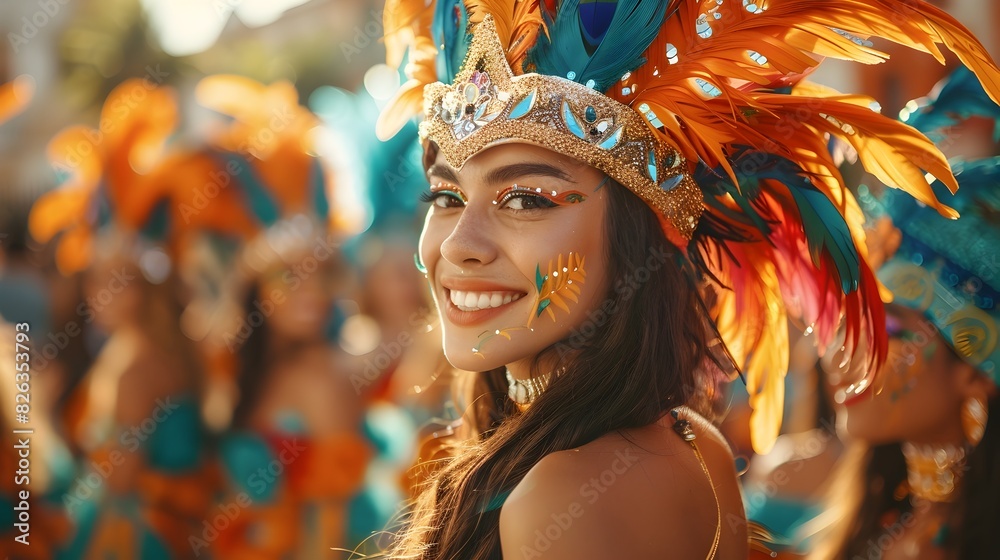 Vibrant Carnival Parade with Energetic Dancers in Elaborate Costumes Celebrating Holiday Festivities Vibrant Carnival Parade with Energetic Dancers in Elaborate Costumes Celebrating Holiday Festivities