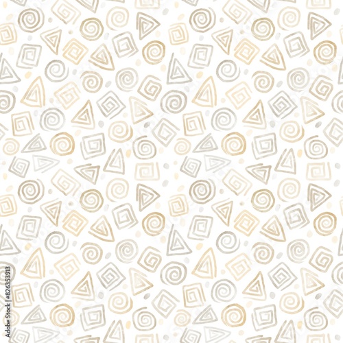 Seamless geometric pattern with hand-drawn spirals. Abstract background with retro design. Primitive ornament in beige pastel colors.