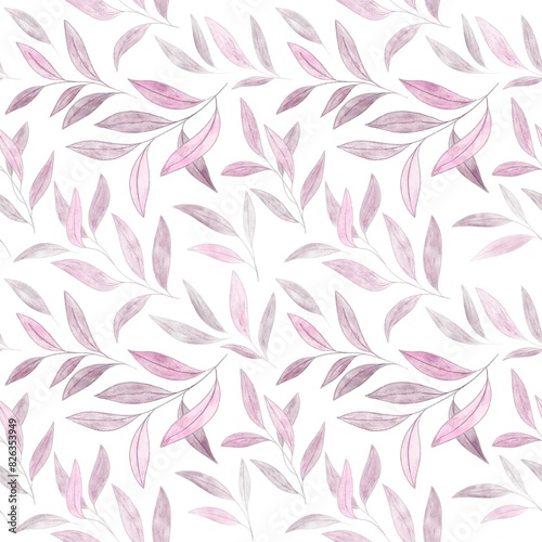 Seamless leaves background. Fabric floral pattern. Pink leaf branches drawing. Hand painted floral ornament