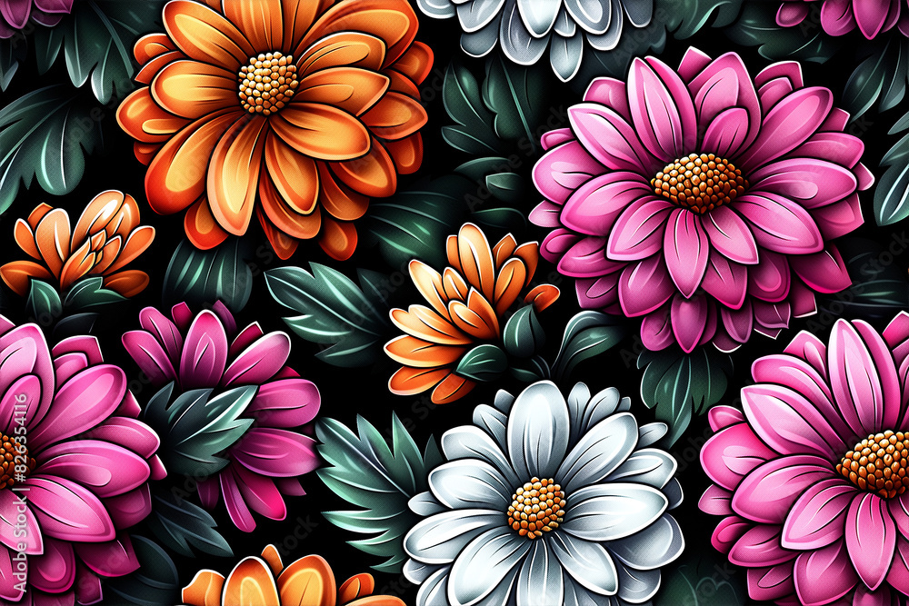 A colorful flower pattern with pink, white, and orange flowers A colorful flower pattern with pink, white, and orange flowers