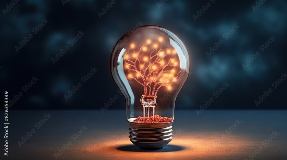 A glowing light bulb containing a tree-shaped filament, symbolizing innovative eco-friendly ideas A glowing light bulb containing a tree-shaped filament, symbolizing innovative eco-friendly ideas