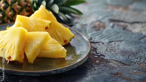 Fresh pineapple slices on plate against textured background