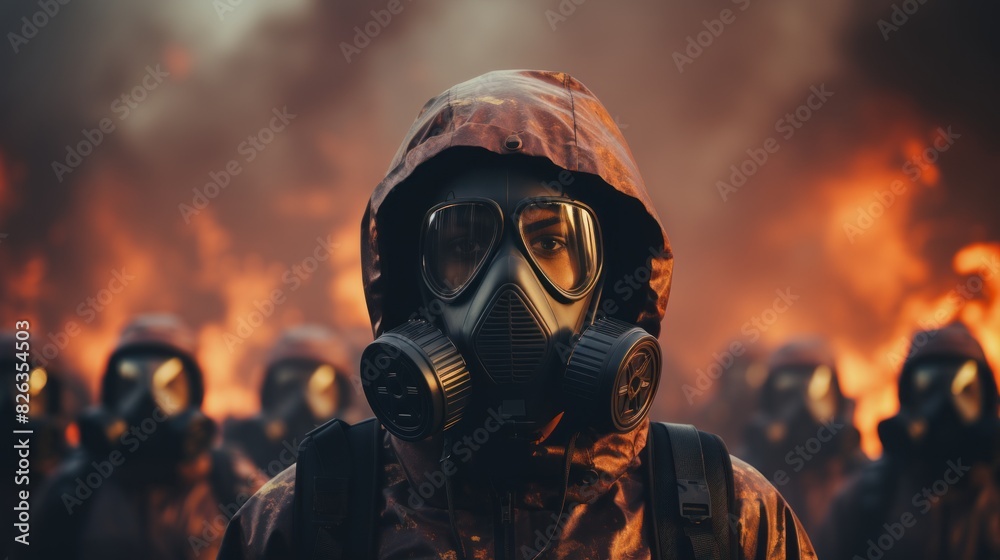 A group of firefighters in protective hazmat suits stands ready amid flames and smoke, faces obscured for anonymity A group of firefighters in protective hazmat suits stands ready amid flames and smoke, faces obscured for anonymity