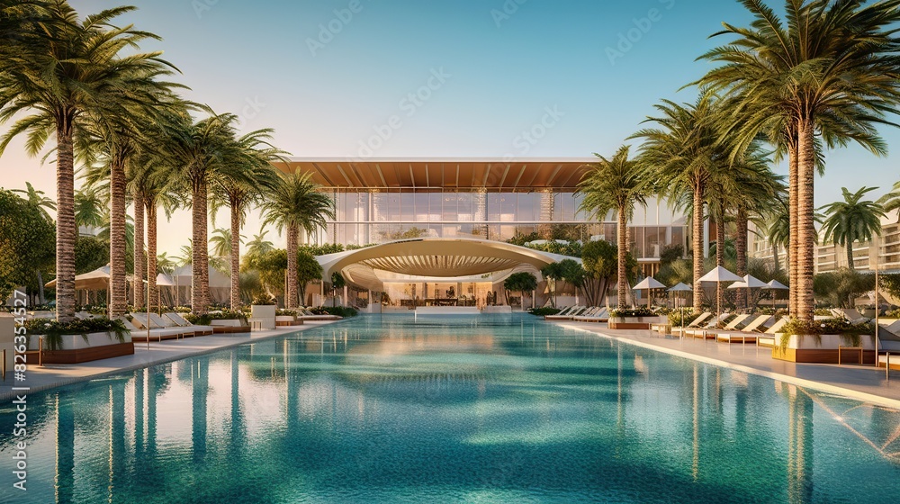 Modern luxury hotel with an elegant swimming pool surrounded by palm trees, showcasing architectural design and leisure