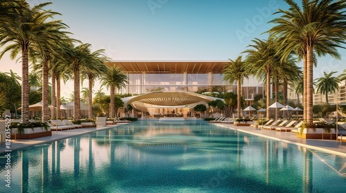Modern luxury hotel with an elegant swimming pool surrounded by palm trees, showcasing architectural design and leisure