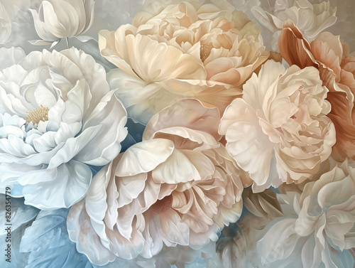 the most romantic large oil painting of flowers, super large flowers in the middle 2 to 3, muted colours, not photorealistic, classic yet comtemporary, abstract, light and airy  photo