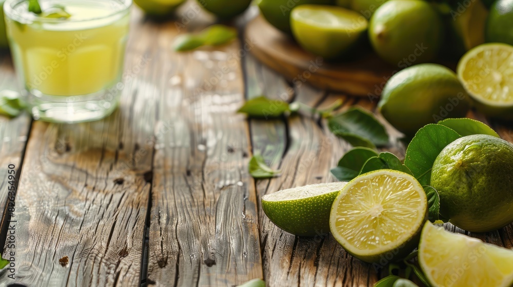 Fresh limes and lime juice on rustic wooden table