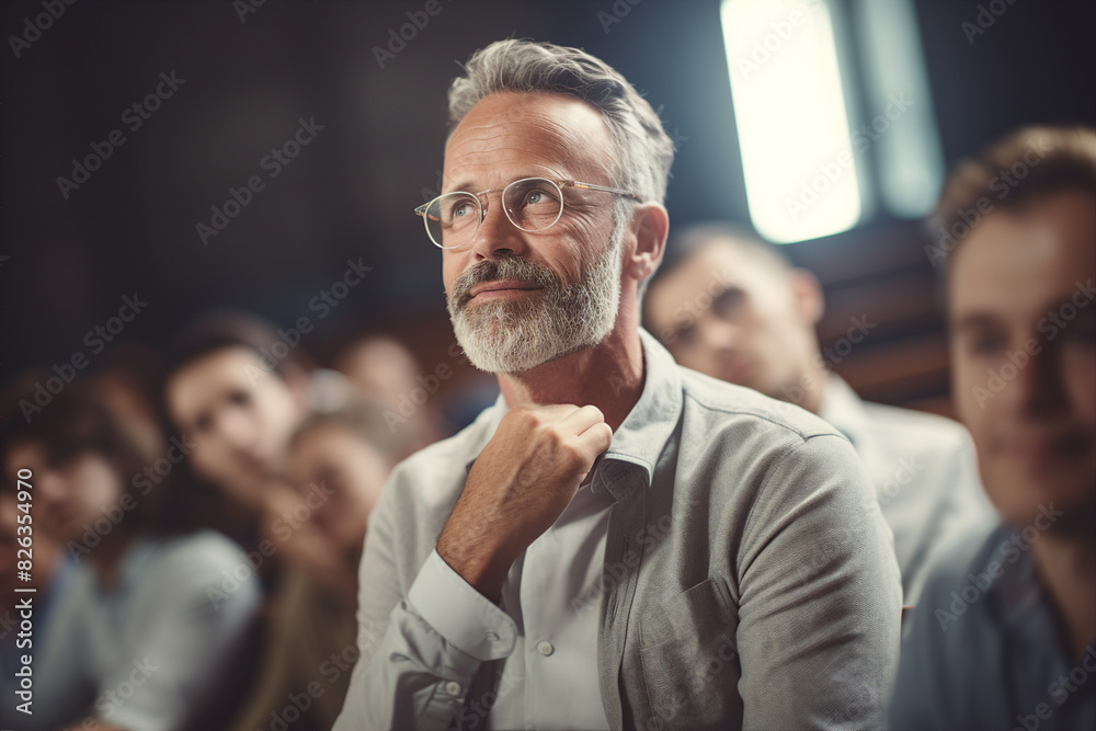AI generative image of adult student in school or college class listening to a lesson AI generative image of adult student in school or college class listening to a lesson