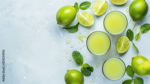 Fresh lime juice and whole limes with mint leaves on light background