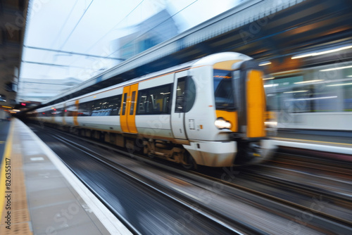 A train speeding past a platform, with the train itself slightly blurred and the platform details in sharp focus, giving a sense of the train's rapid motion. 
