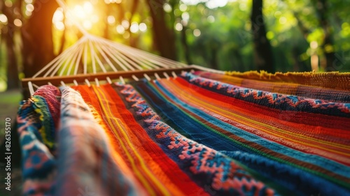 Vibrant hammock in sunlit woodland setting, showcasing cultural patterns and relaxation spot