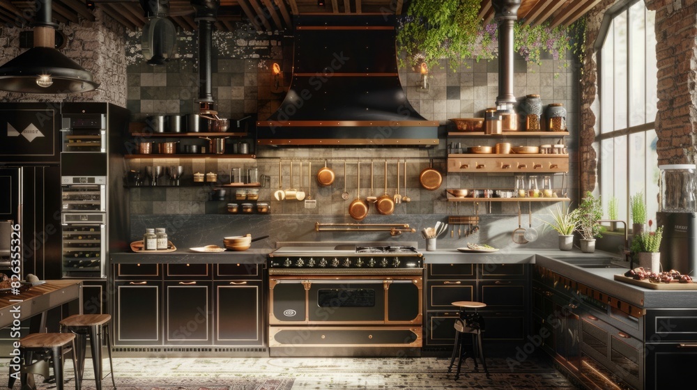 A kitchen with ample countertop space, perfect for meal preparation and cooking. Various kitchen appliances and utensils are neatly arranged on the countertops. A kitchen with ample countertop space, perfect for meal preparation and cooking. Various kitchen appliances and utensils are neatly arranged on the countertops.