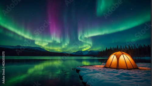 A glowing tent by a calm tranquil lake with the beautiful northern lights dancing in the sky © The A.I Studio