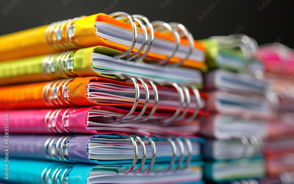 Stack of colorful notepads with metal spiral close-up Stack of colorful notepads with metal spiral close-up