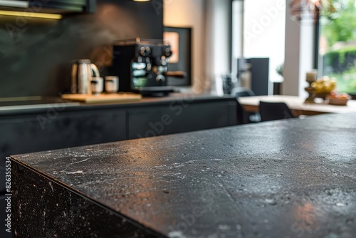 A dark granite countertop in a contemporary kitchen with a blurred background of sleek black cabinets