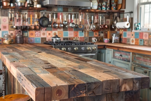 A rustic kitchen counter made of reclaimed wood © Rainister